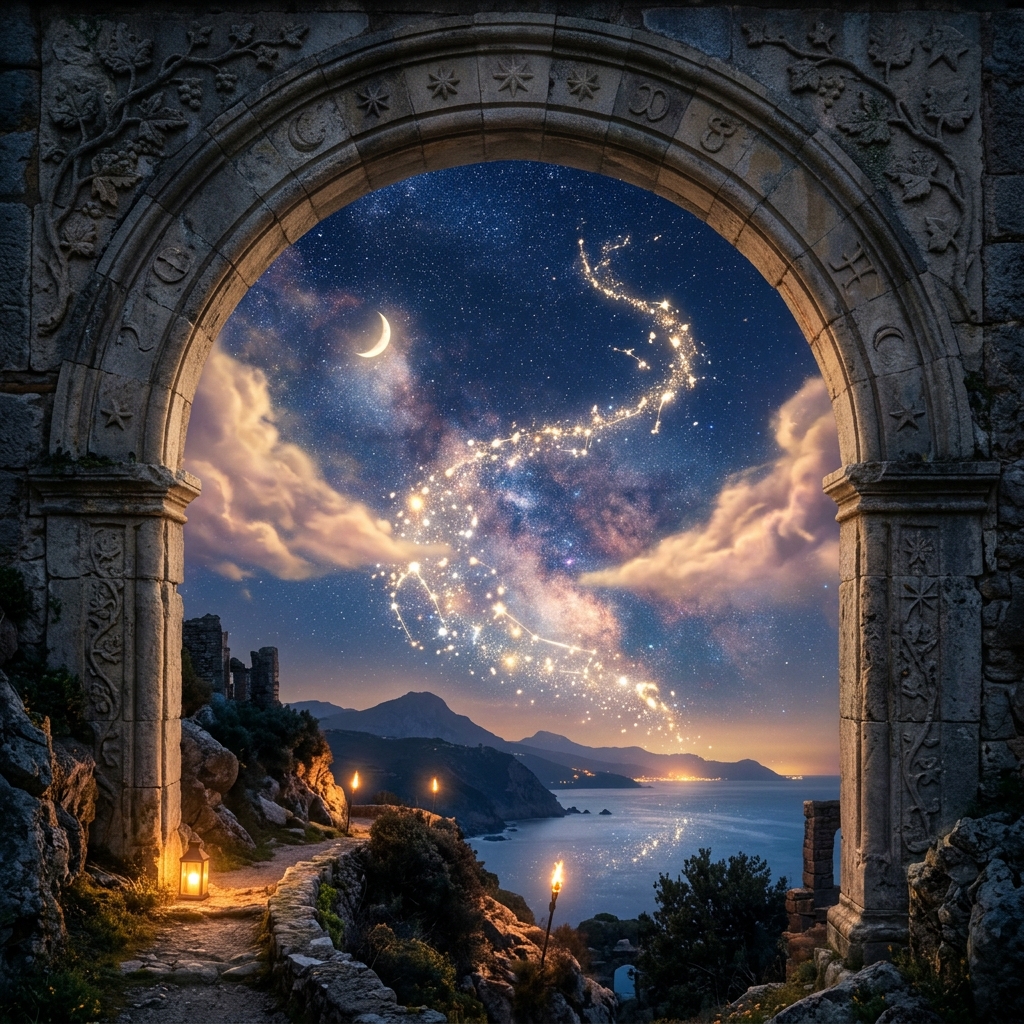 Surreal stone arch portal looking out into starry night sky and golden clouds