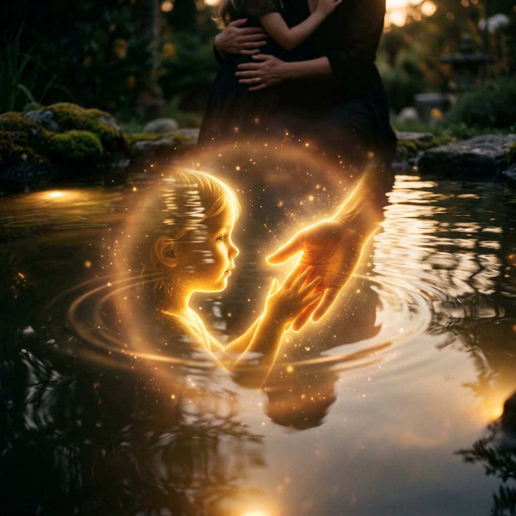 Golden glowing child silhouette reflecting in water connected to adult hand