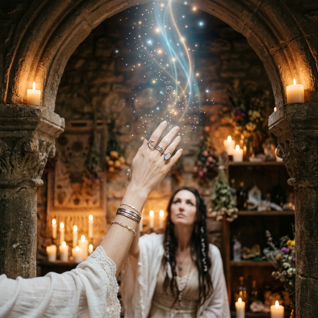 Mystical celestial starlight and ethereal hands representing Mediumship