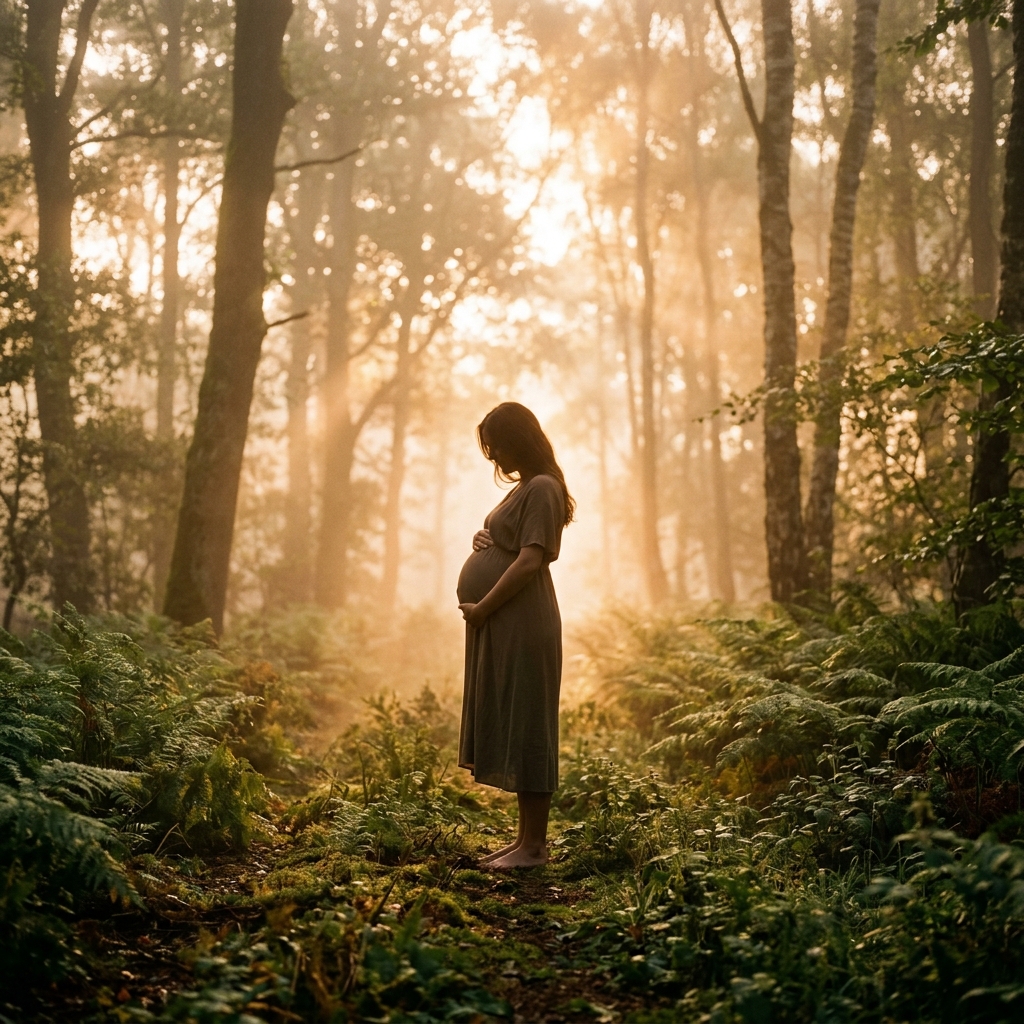 Serene glowing silhouette of pregnant mother in warm candlelit woodland clearing