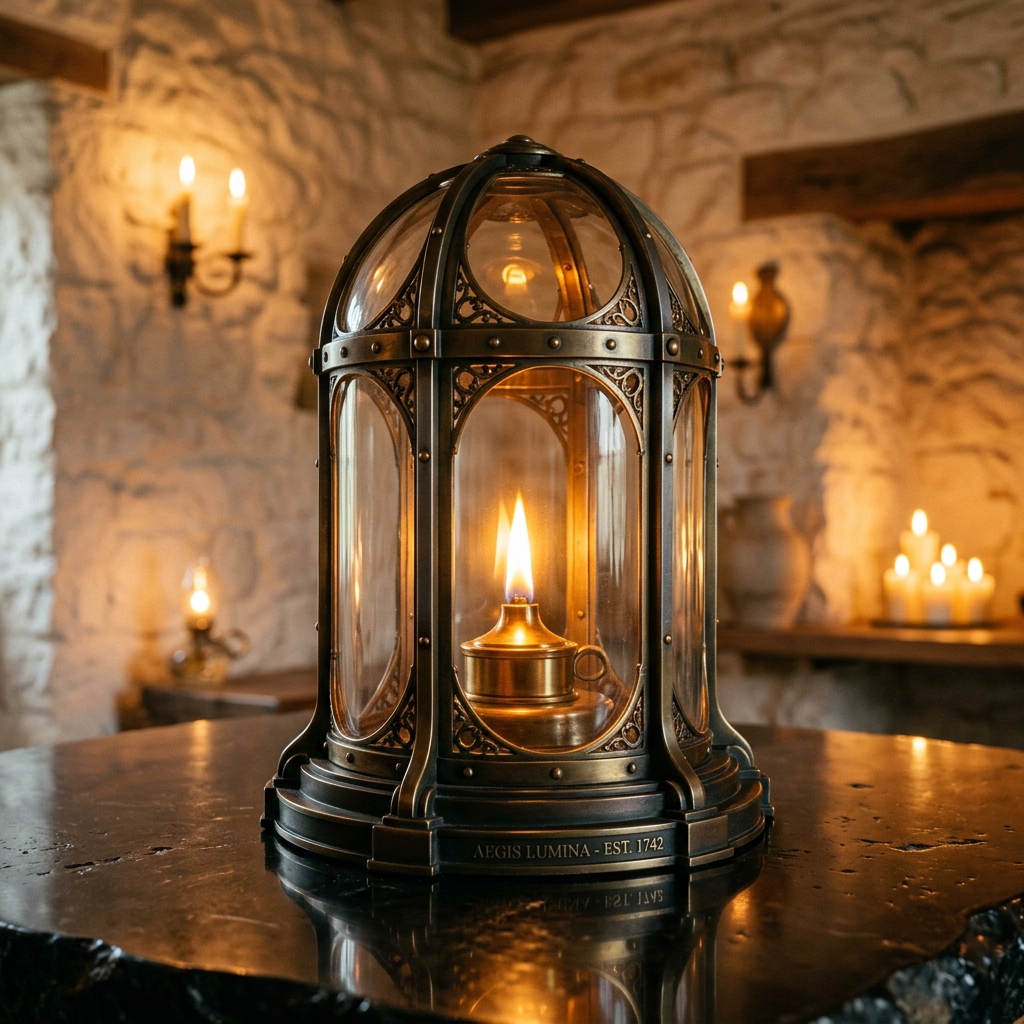 Glowing protective gold flame inside crystal dome on obsidian stone