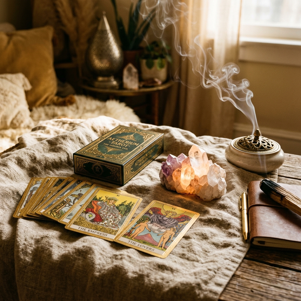 Luxury Tarot deck on linen beside crystal and soft incense smoke