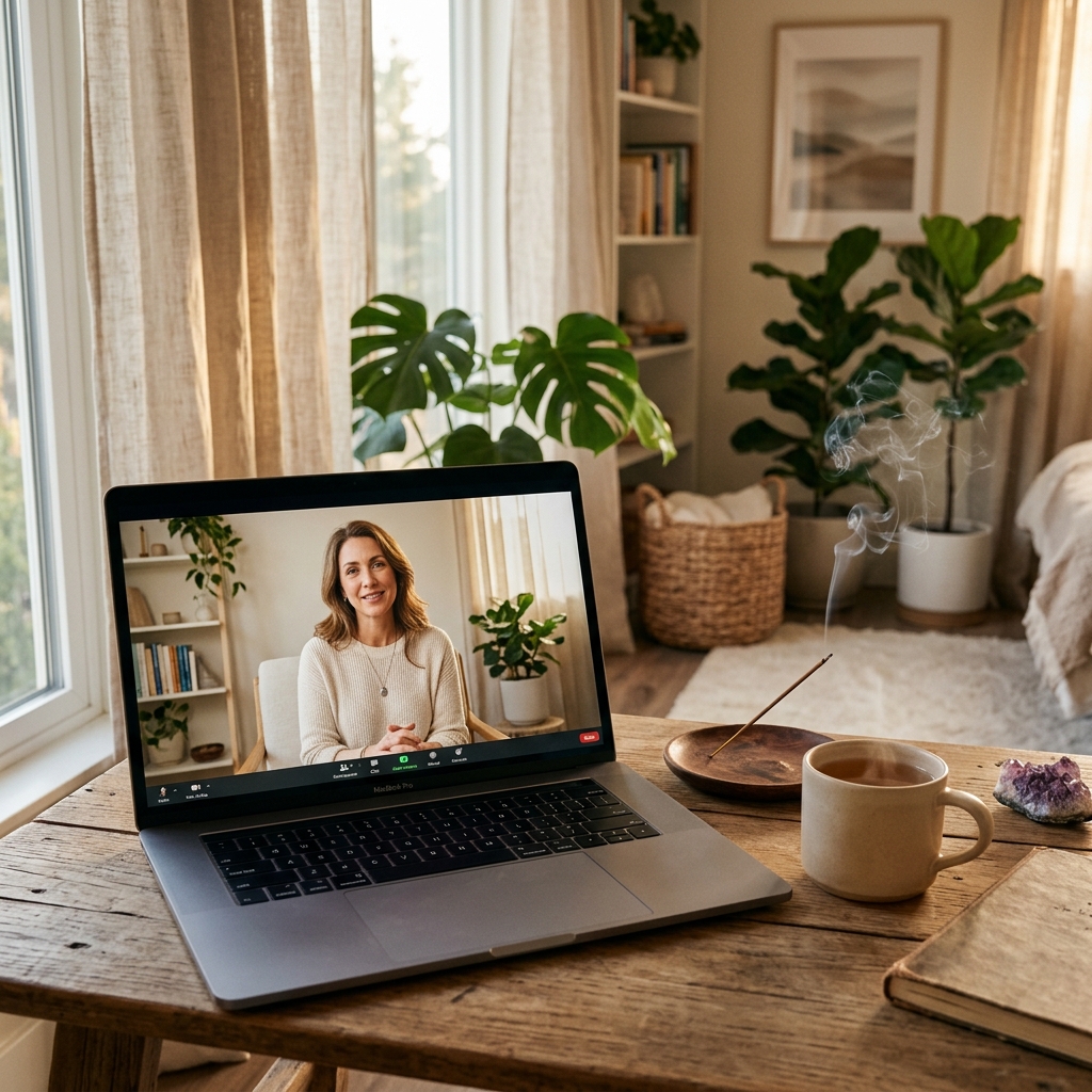 Spiritual Therapy Session conducted online via Zoom showing a compassionate guide on screen